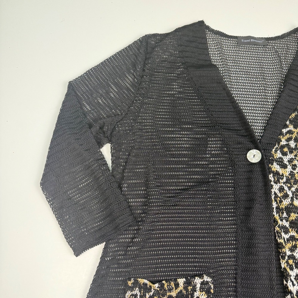 Women Leopard Print Sheer Lightweight Mesh Cardigan Black Pockets Large - Picture 7 of 14